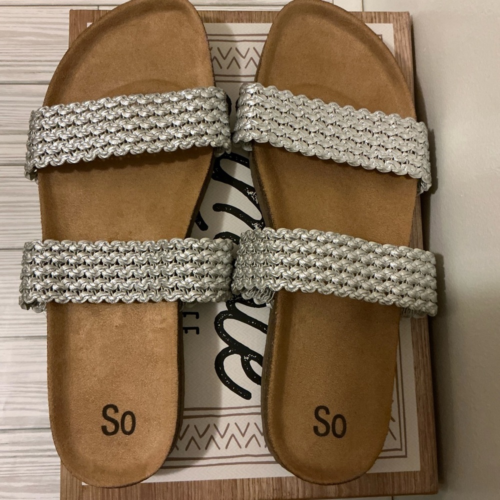 SO Silver and Tan Slide Sandals with Decorative Straps